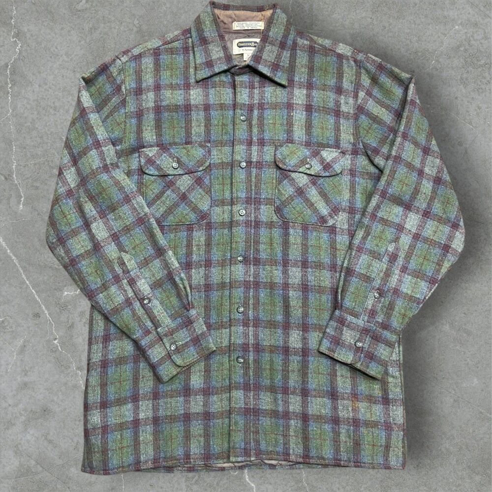 Shelter Bay Vtg 80s Plaid Green Button Down Shacket Flannel Wool Blend Mens M